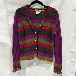 Lucia Burns Colorful Striped Knit Cardigan Fringe Sleeves